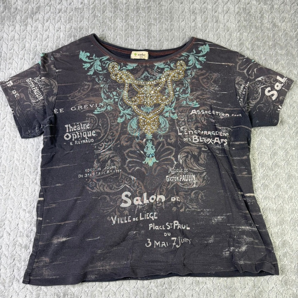 Cactus Womens Graphic‎ Large Shirt Charcoal Beaded French Theater Print Stretch